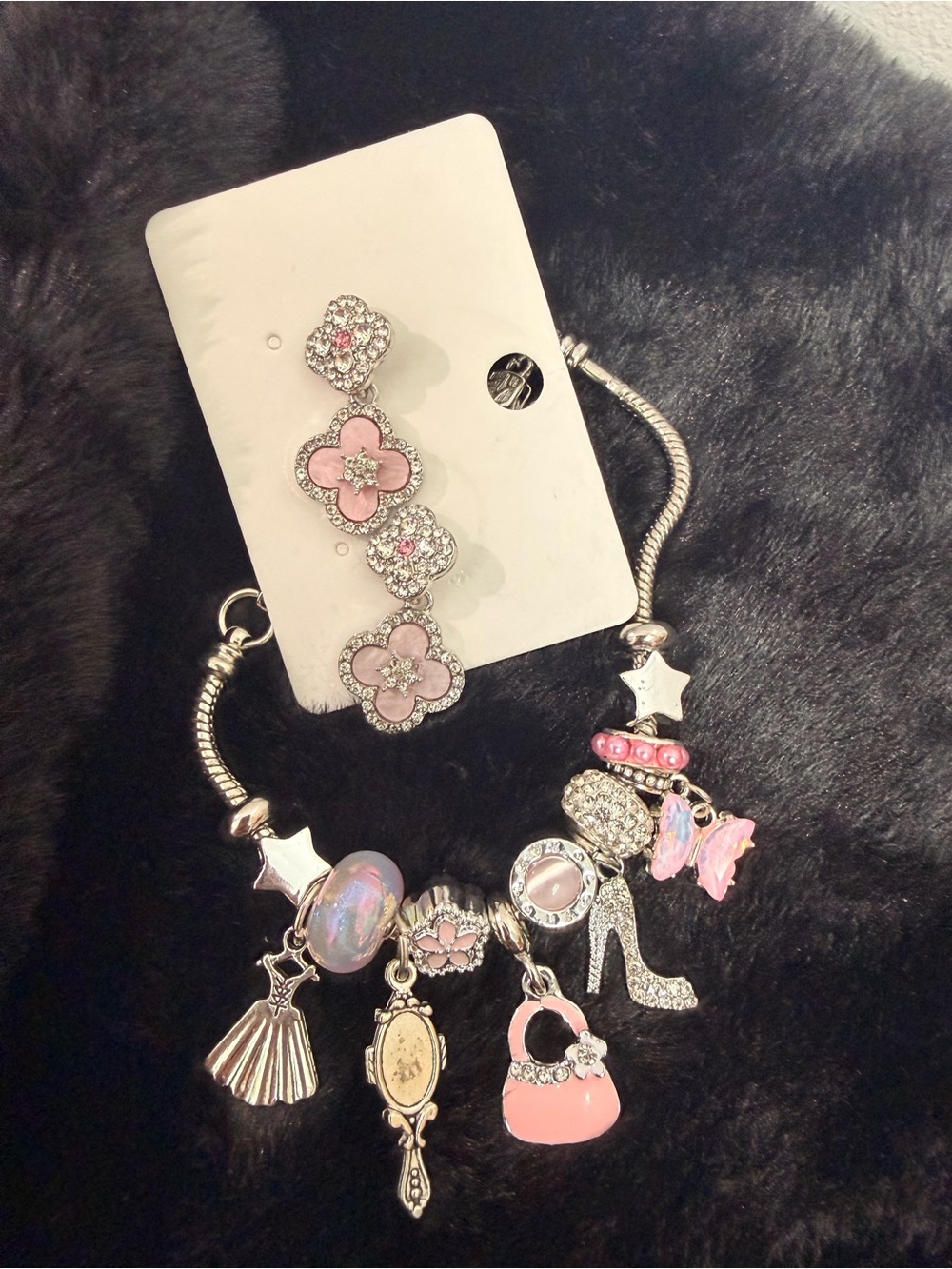 Silver-Tone Pink Enamel Flower Charm Bracelet - Pink Earnings Set